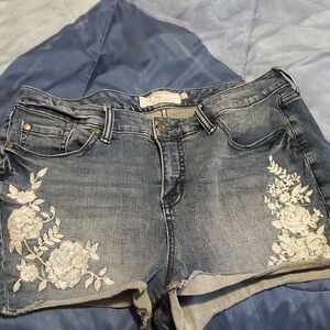 Torrid Blue Denim Shorts with White Floral Embroidery